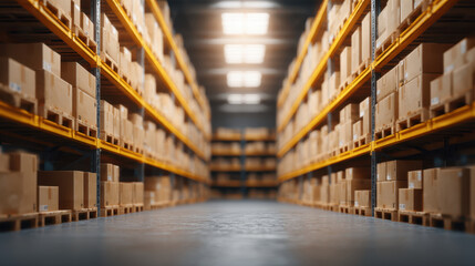 Fototapeta premium Global Supply Chain Pressure, Warehouse with stacked cardboard boxes on shelves showing global supply chain pressure in logistics