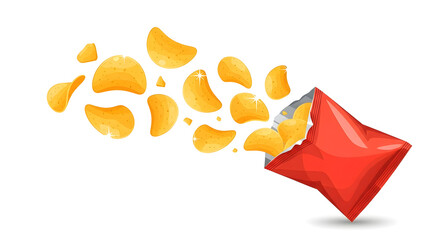 Crispy Potato Chips Bursting From a Vibrant Red Bag Illustration