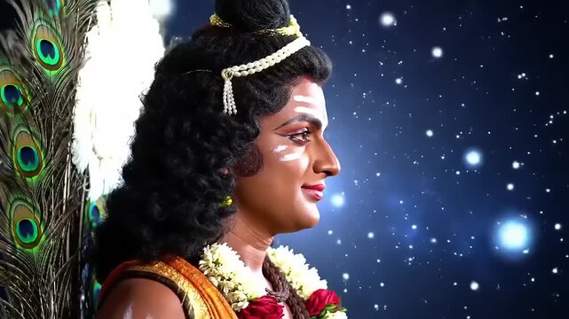 Lord Murugan with profile, peacock, and stars.