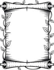 Vintage Scroll Frame with Leafy Vines Engraved Illustration.