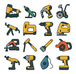 Various yellow and gray tools displayed on a brown background
