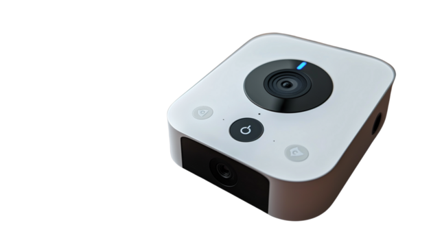  ‍Smart home security camera with modern interface and single-lens design. for retai. Ideal for tech advertisements, product mockups, or app UI demos. Isolated on transparent background, png