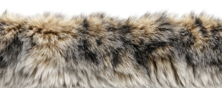 Close-up view of a textured faux fur, showcasing a mix of light brown, gray, and dark gray tones.  The fur appears soft and dense