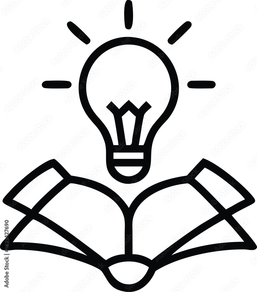 Poster open book with glowing light bulb above representing knowledge and ideas isolated on transparent bac