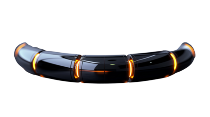  Futuristic curved smart device with glowing orange light accents on black surface. Perfect for tech advertising, product mockups, or sci-fi visuals.  Isolated on transparent background, png