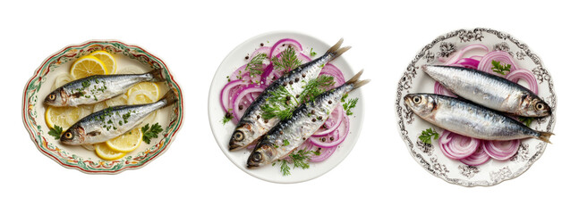 Fresh Sardines with Lemon and Onion on Decorative Plates