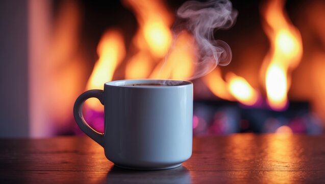 A steaming cup of hot beverage in front of a fiery background. Warm drink and flames, cozy atmosphere. The concept of comfort and warmth.