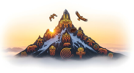 Mountain eagle bear totem pole art mystical landscape sunset peak nature adventure travel illustration generated with ai