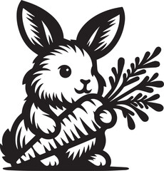 Adorable bunny rabbit holding a large carrot illustration for children's books and Easter designs