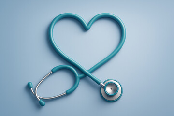Stethoscope shaped as a heart on blue background — symbolic healthcare compassion concept for cardiology, nurses, doctors or wellness visuals
