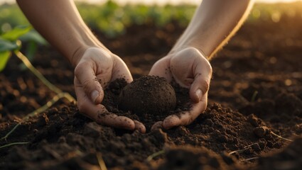 Hands planting soil in the ground, symbolizing growth and agriculture. Environment and nature, concept. Sustainability and farming. The concept of nurturing and ecological responsibility.