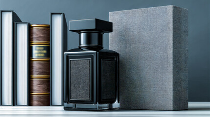 A sophisticated black men's perfume bottle mockup with textured details next to a grey box and decorative books for branding.