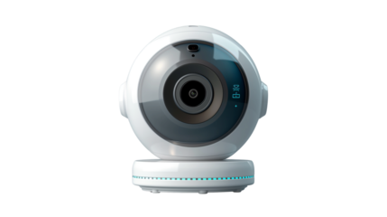spherical smart security camera with lens and LED indicators. Ideal for home surveillance, technology, and safety-related use. for retail and marketing use.  Isolated on transparent background, png