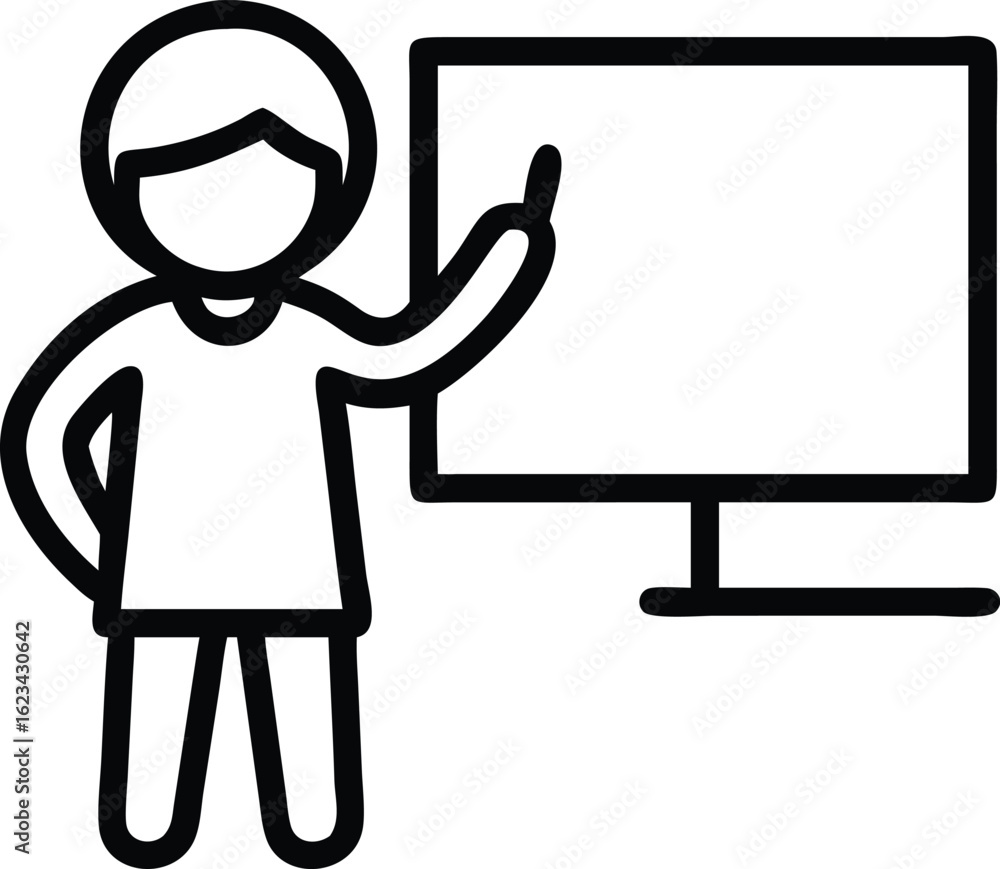 Poster simple outline drawing of a person pointing at a blank screen isolated on transparent background