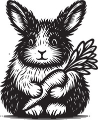 Adorable bunny rabbit holding a large carrot illustration for children's books and Easter designs