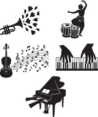 Violin with flowing music notes ,Piano keyboard with hands playing,   Tabla with traditional Indian dancer pose,Black and white silhouette ,Musical Fusion Silhouette  Violin, Piano & Tabla with Cla
