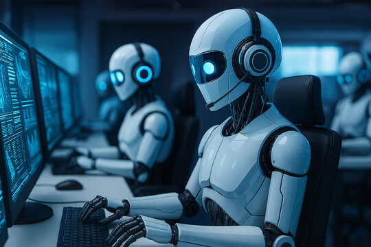 A team of humanoid AI robots with headphones working on computers in a futuristic office or call center, symbolizing workforce automation, data processing, and the future of customer service. - Powered by Adobe
