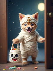 An anthropomorphic dog dressed as a mummy with ankh for Halloween. The body is wrapped in a bandage. He is wearing a bag for the treats and treats strewn on the floor. Full moon in the back