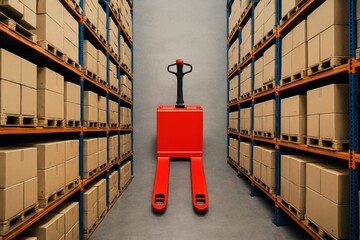 Warehouse Organization: A vivid red pallet jack stands in the central aisle of an organized warehouse, surrounded by rows of neatly stacked boxes.