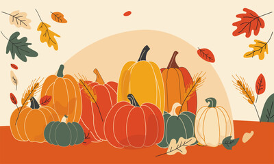 Colorful autumn pumpkins and forest leaves clipart. Vector illustration Isolated on white background. Seasonal harvest design for greeting or poster.