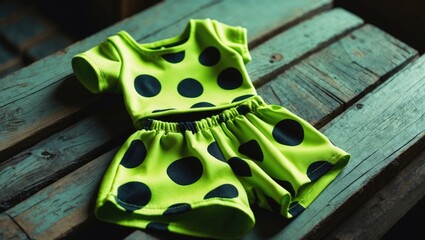 Naklejka premium Bright green children's outfit with black polka dots, including a top and matching shorts, laid on a rustic wooden surface.