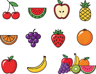Assorted Fruit Icon Set - Healthy Food and Fresh Produce Collection