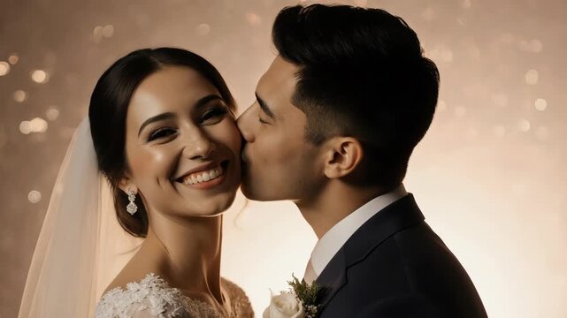 groom kissing bride cheek with smile and love at wedding ceremony day