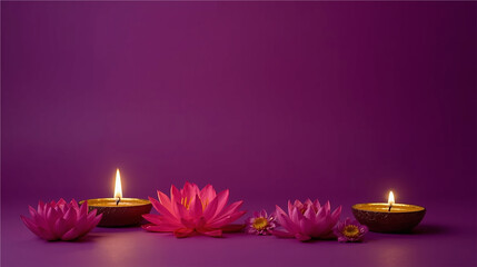 Beautiful Diwali diyas (oil lamps) with lotus flowers arranged on a deep purple background, representing purity, prosperity, and celebration during the festival of lights