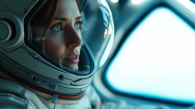 Female astronaut inside spaceship wearing helmet, looking thoughtfully toward mission control during interstellar space travel