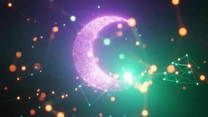 A vibrant digital crescent moon illuminated in purple and green hues surrounded by glowing particles and abstract geometric shapes creating a futuristic atmosphere perfect for creative projects - Powered by Adobe
