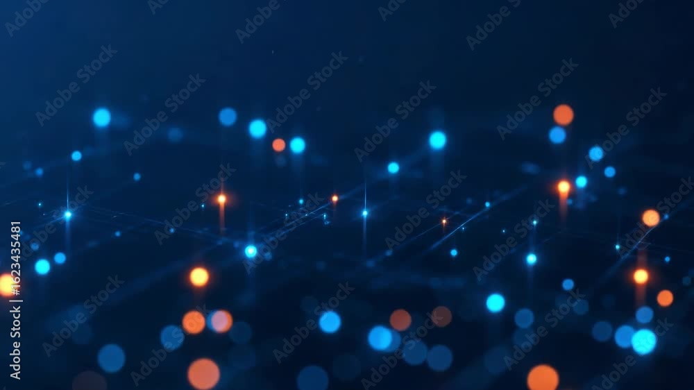 Poster abstract digital background featuring glowing blue and orange dots connected by lines creating a sen