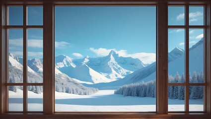 Snow-covered mountains and forest view from window with wooden frame. Winter landscape, scenic mountain range, and serene snow-covered valley.