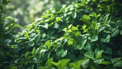 Lush green leaves forming a dense hedge or shrub. Nature and foliage, greenery, plant growth. The concept of lush vegetation and natural environment.