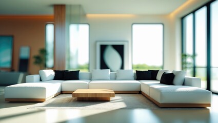 Modern living room with a white sectional sofa, large windows, and natural light, creating an open and airy atmosphere.