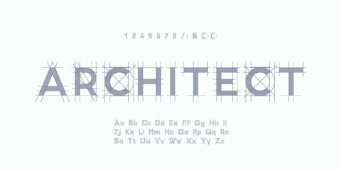 Architectural project font, technical draw style alphabet. Geometrical typography. Wireframe letters, typographic design with draft strokes for architecture logo and headline. Isolated vector typeset
