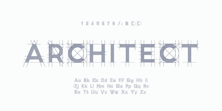 Architectural project font, technical draw style alphabet. Geometrical typography. Wireframe letters, typographic design with draft strokes for architecture logo and headline. Isolated vector typeset
