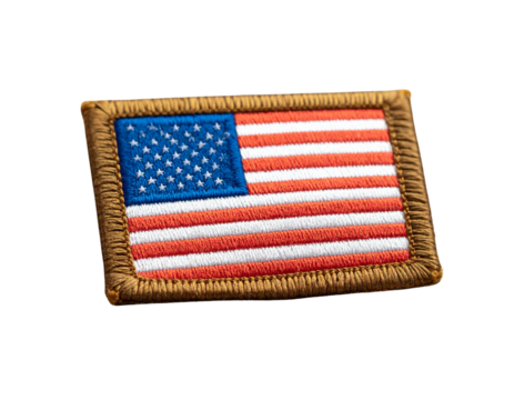  Worn American Flag Patch on Camouflage Fabric, Angled View, Isolated PNG