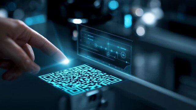 Engineer interacting with a futuristic touchscreen featuring a qr code and holographic interface in a darkened lab, highlighting cutting edge technology and innovation