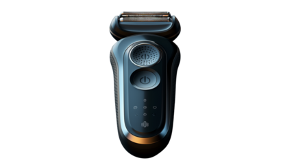 Modern black and gold electric shaver with ergonomic grip and precision blade. transparent PNG. High-tech grooming tool. Isolated on transparent background, png