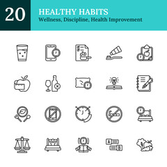 Healthy Habits Outline Icon Sheet Vector Design - representing wellness lifestyle, daily discipline, personal health improvement, food, sleep, routines, planning, and restrictions