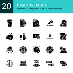Healthy Habits Glyph Black Silhouette Icon Sheet Vector Design - representing wellness lifestyle, daily discipline, personal health improvement, food, sleep, routines, planning, and restrictions