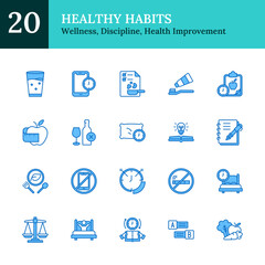 Healthy Habits Blue Fill Outline Icon Sheet Vector Design - representing wellness lifestyle, daily discipline, personal health improvement, food, sleep, routines, planning, and restrictions