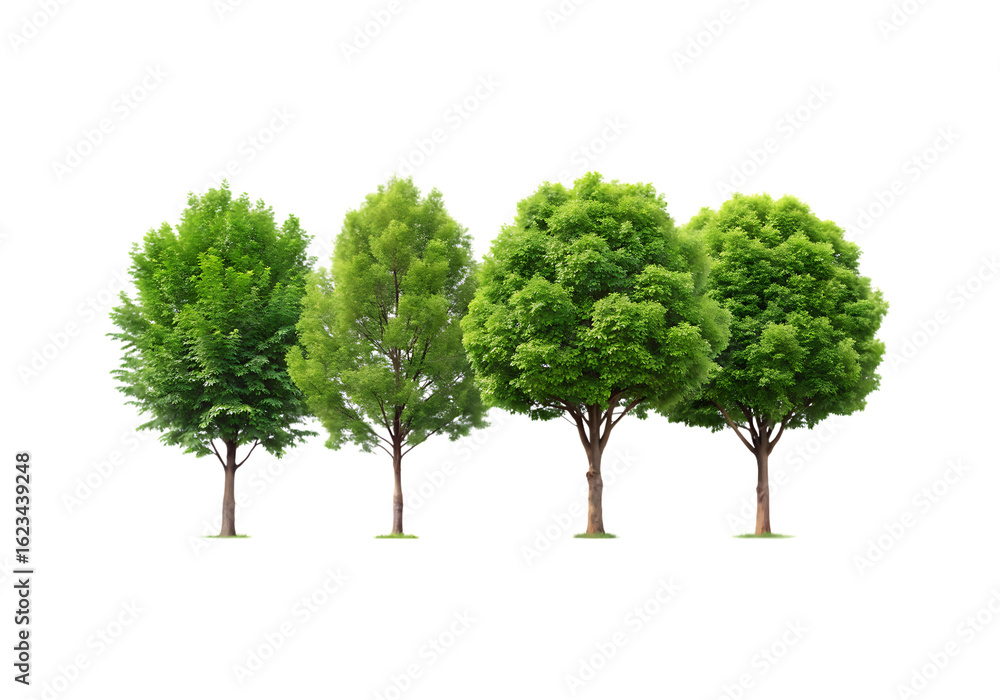 Poster vector art of a row of four healthy green trees with lush foliage and sturdy trunks, isolated on tra