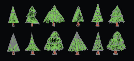 Set of Christmas tree doodles in pastel charcoal style. Hand-drawn by children on black blackboard using white wax and squiggle lines. Vector Xmas elements collection for school, kindergarten designs