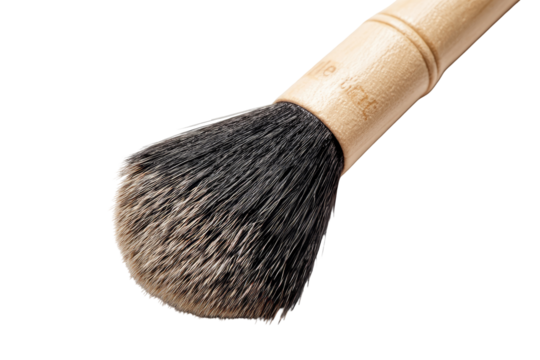 Close-up of a natural bristle shaving brush.  Wooden handle, tapered brush head.  Dark gray bristles