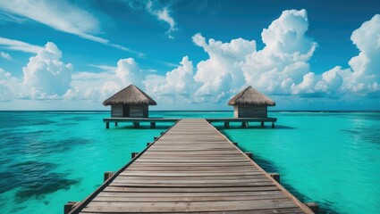 Obraz premium A wooden pier extending into turquoise waters toward two overwater huts under a partly cloudy sky.