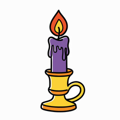 Colorful candle with flame in yellow holder on white background  