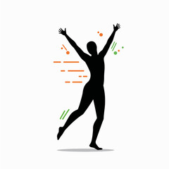 Abstract silhouette of joyful figure with raised arms and colorful accents  
