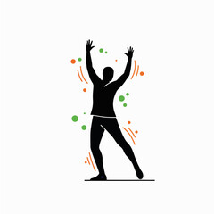 Silhouette of a person celebrating with raised hands and colorful dots  