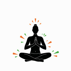 Silhouette of woman meditating in lotus position with energy rays  